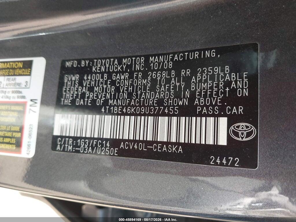 4T1BE46K09U377455 2009 TOYOTA CAMRY photo no. 9