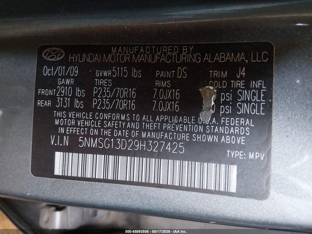 5NMSG13D29H327425 2009 HYUNDAI SANTA FE photo no. 9