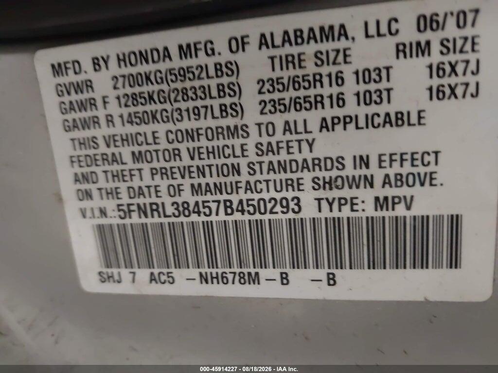 5FNRL38457B450293 2007 HONDA ODYSSEY photo no. 9