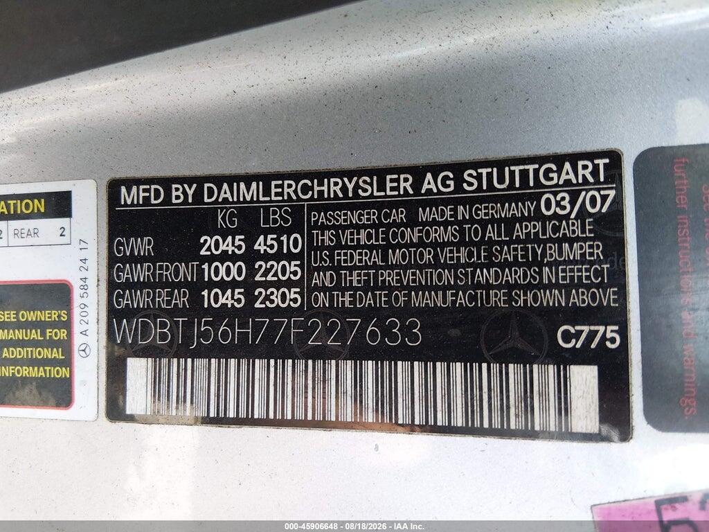 WDBTJ56H77F227633 2007 MERCEDES-BENZ CLK 350 photo no. 9