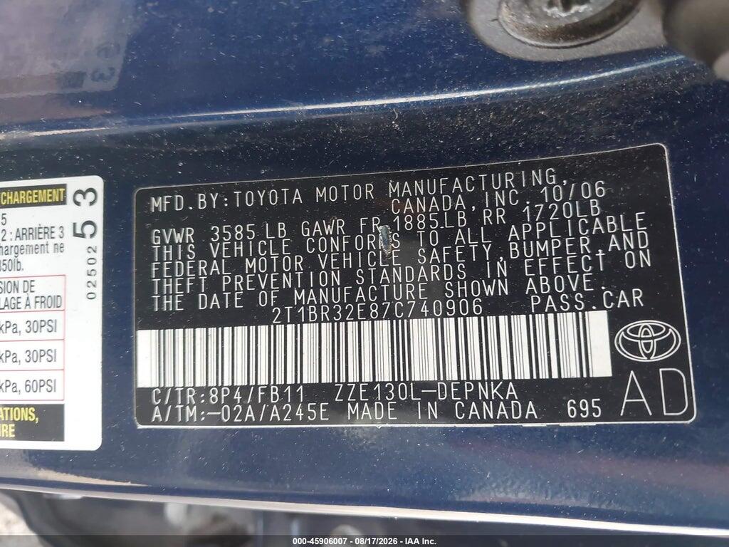 2T1BR32E87C740906 2007 TOYOTA COROLLA photo no. 9
