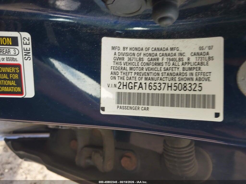 2HGFA16537H508325 2007 HONDA CIVIC photo no. 9