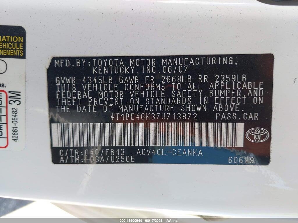 4T1BE46K37U713872 2007 TOYOTA CAMRY photo no. 9