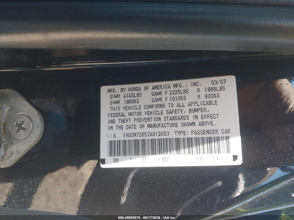 1HGCM72657A012453 2007 HONDA ACCORD photo no. 9