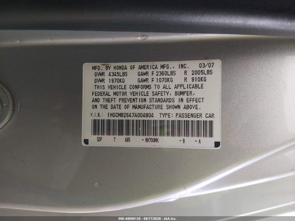 1HGCM82647A004804 2007 HONDA ACCORD photo no. 9