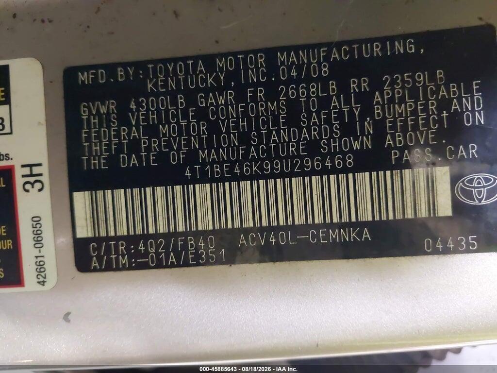 4T1BE46K99U296468 2009 TOYOTA CAMRY photo no. 9