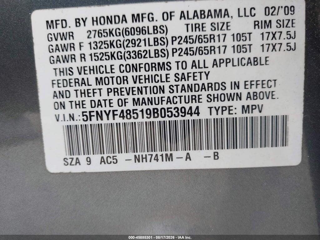 5FNYF48519B053944 2009 HONDA PILOT photo no. 9