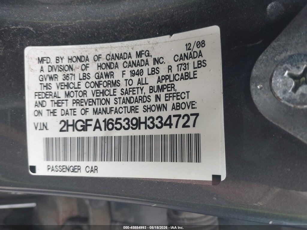 2HGFA16539H334727 2009 HONDA CIVIC photo no. 9