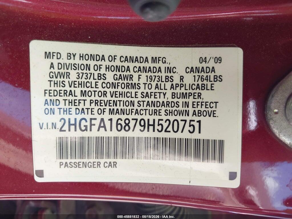 2HGFA16879H520751 2009 HONDA CIVIC photo no. 9