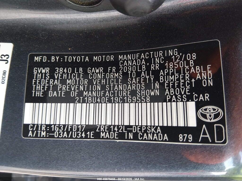 2T1BU40E19C169558 2009 TOYOTA COROLLA photo no. 9