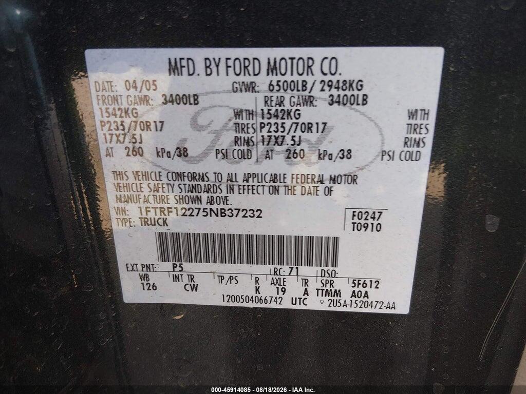 1FTRF12275NB37232 2005 FORD F-150 photo no. 9