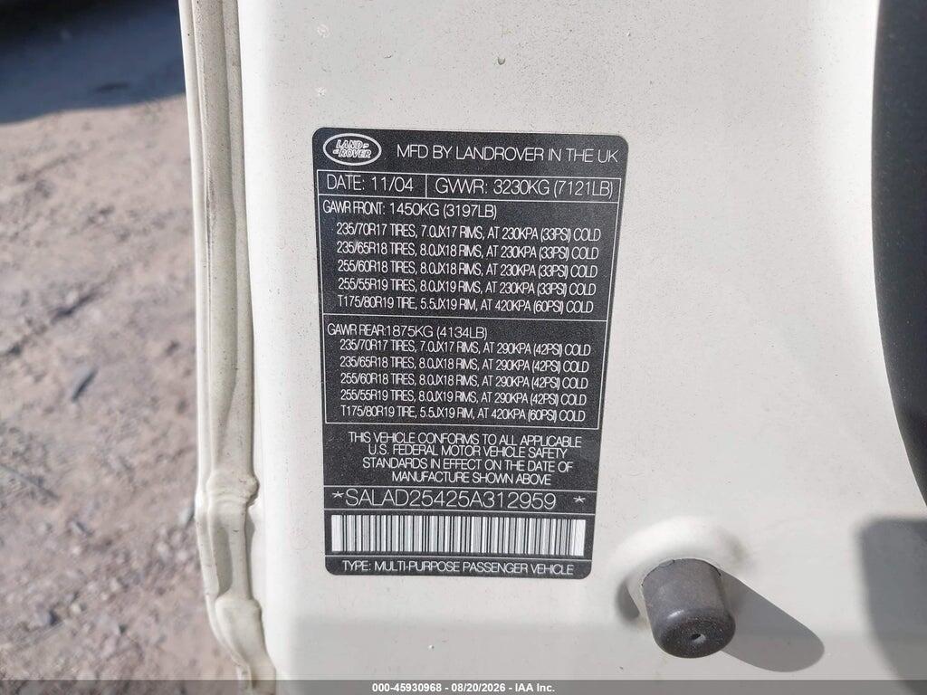SALAD25425A312959 2005 LAND ROVER LR3 photo no. 9