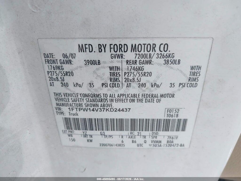 1FTPW14V37KD24437 2007 FORD F-150 photo no. 9