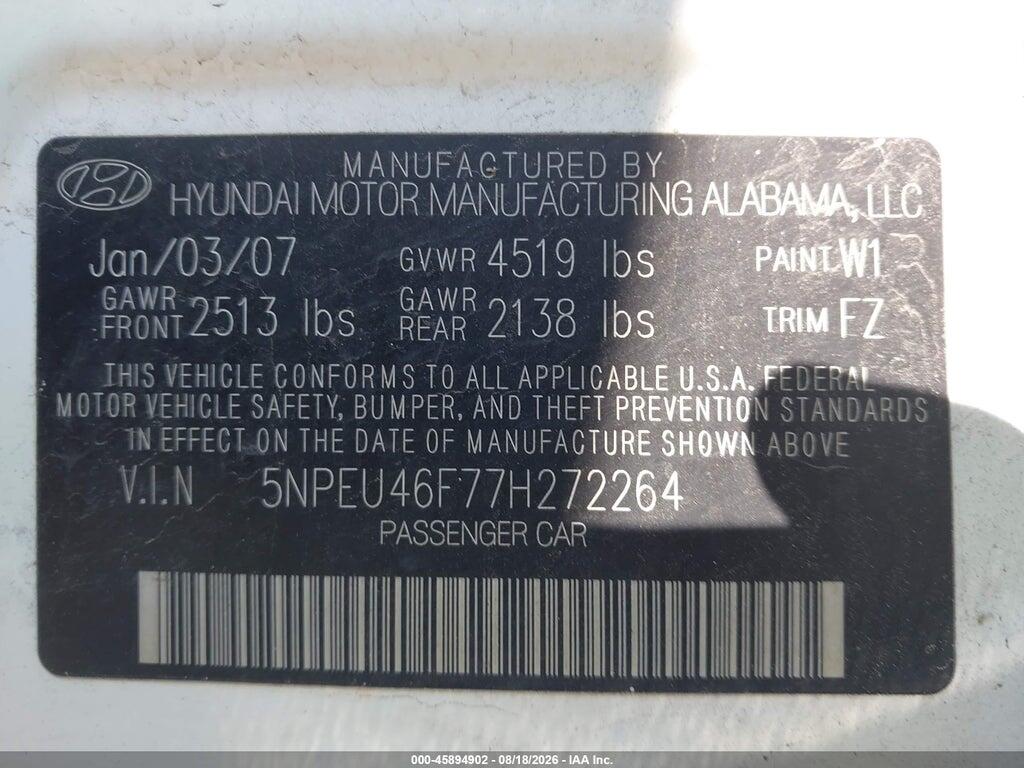 5NPEU46F77H272264 2007 HYUNDAI SONATA photo no. 9