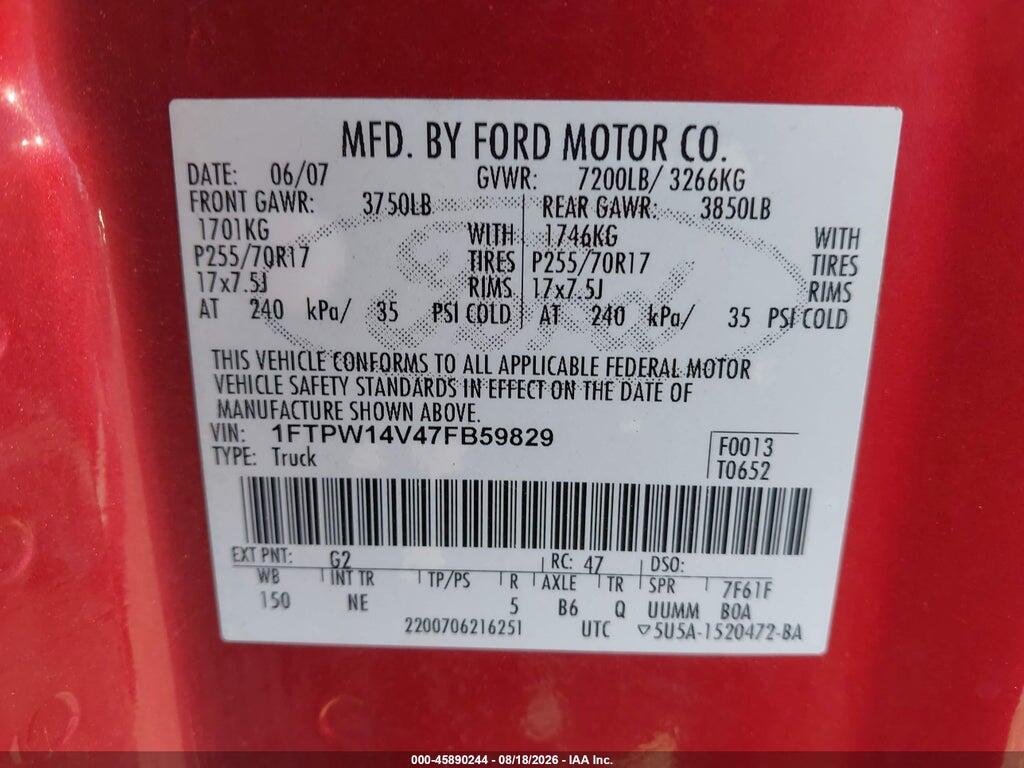 1FTPW14V47FB59829 2007 FORD F-150 photo no. 9