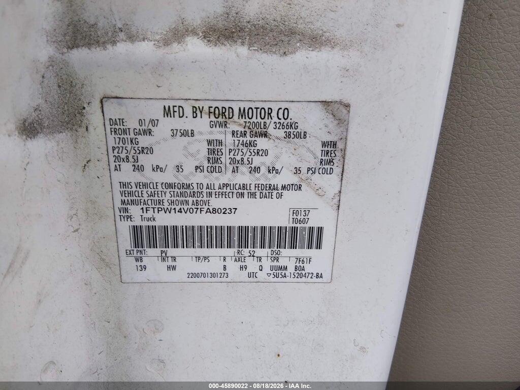 1FTPW14V07FA80237 2007 FORD F-150 photo no. 9