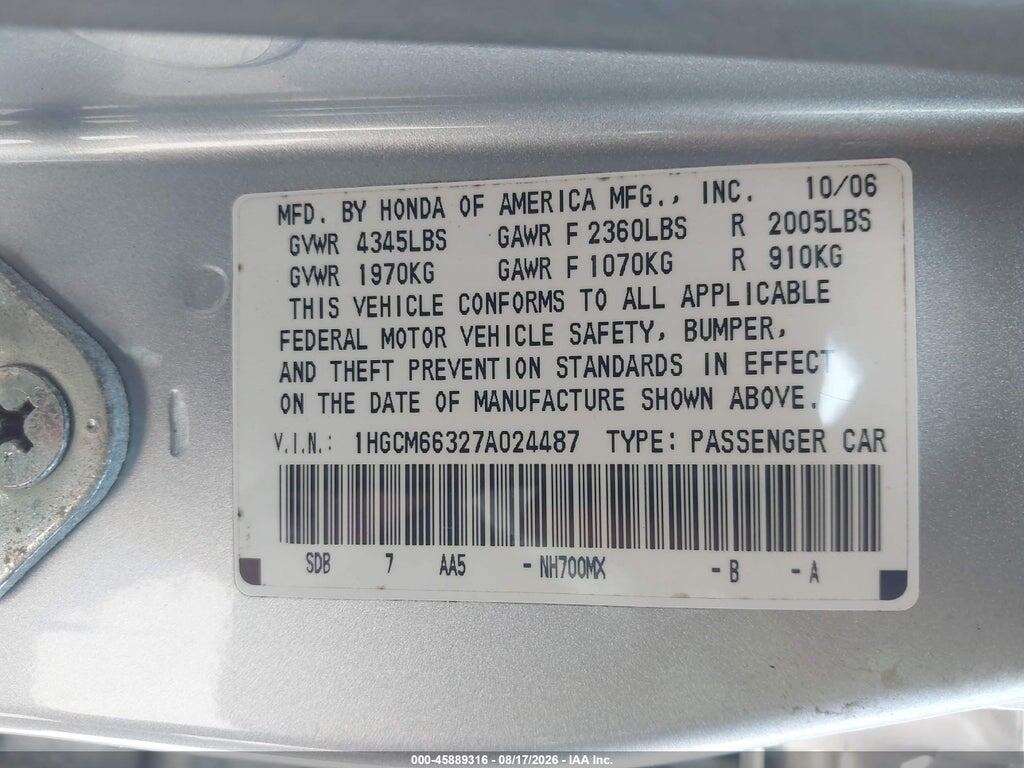 1HGCM66327A024487 2007 HONDA ACCORD photo no. 9