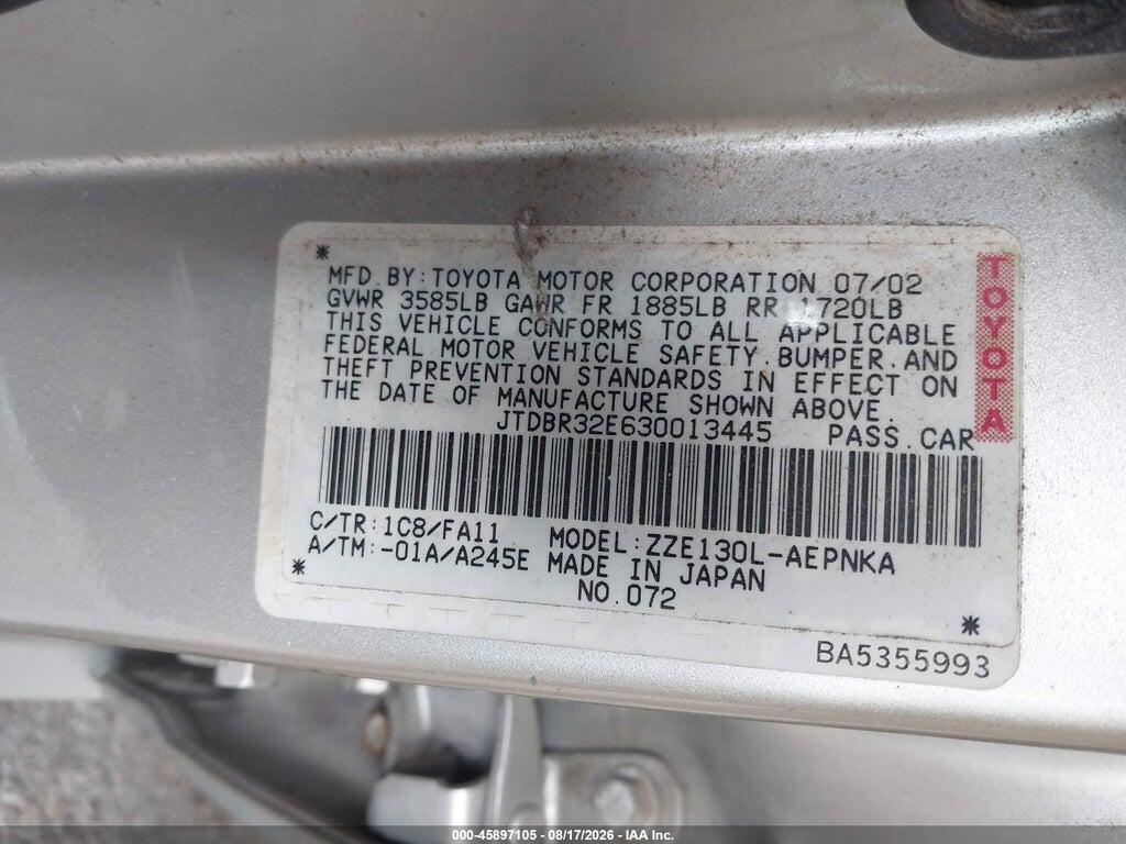 JTDBR32E630013445 2003 TOYOTA COROLLA photo no. 9