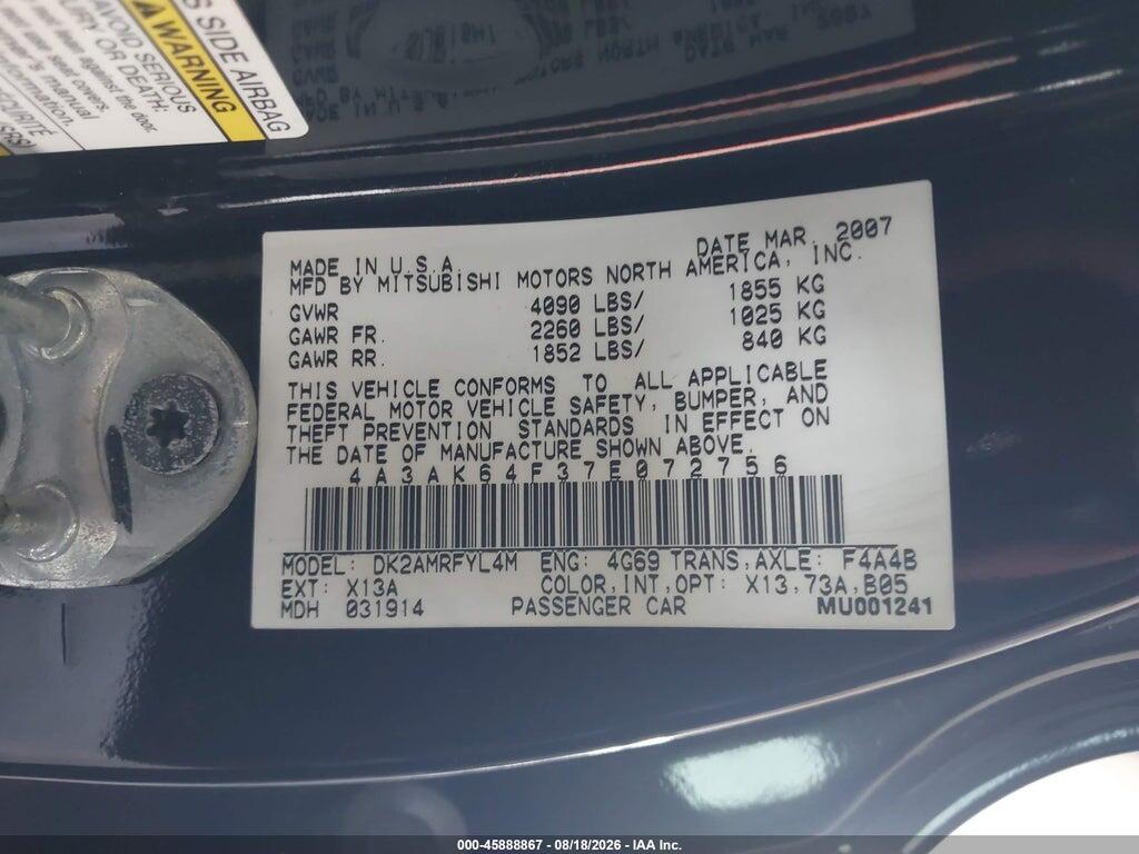 4A3AK64F37E072756 2007 MITSUBISHI ECLIPSE photo no. 9