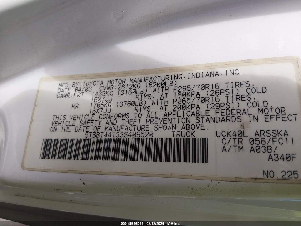 5TBBT44133S409520 2003 TOYOTA TUNDRA photo no. 9
