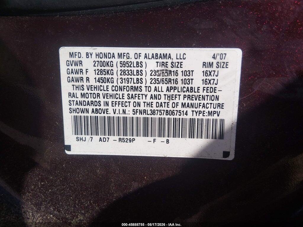 5FNRL38757B067514 2007 HONDA ODYSSEY photo no. 9