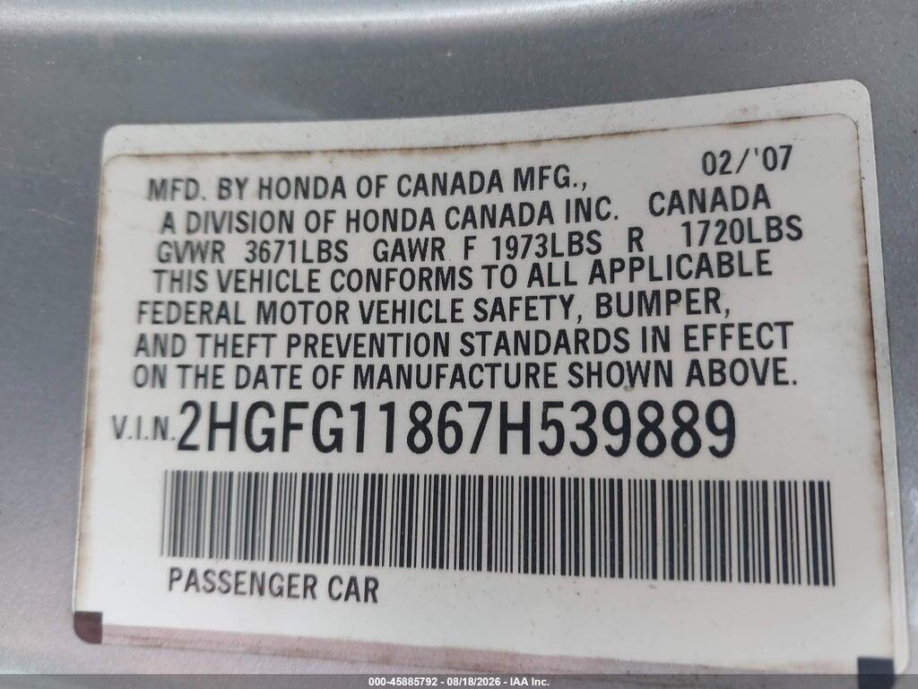 2HGFG11867H539889 2007 HONDA CIVIC photo no. 9