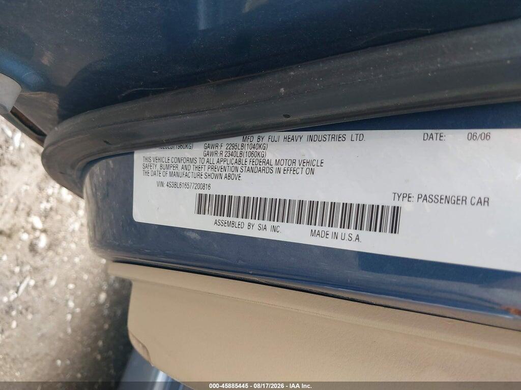 4S3BL616577200816 2007 SUBARU LEGACY photo no. 9
