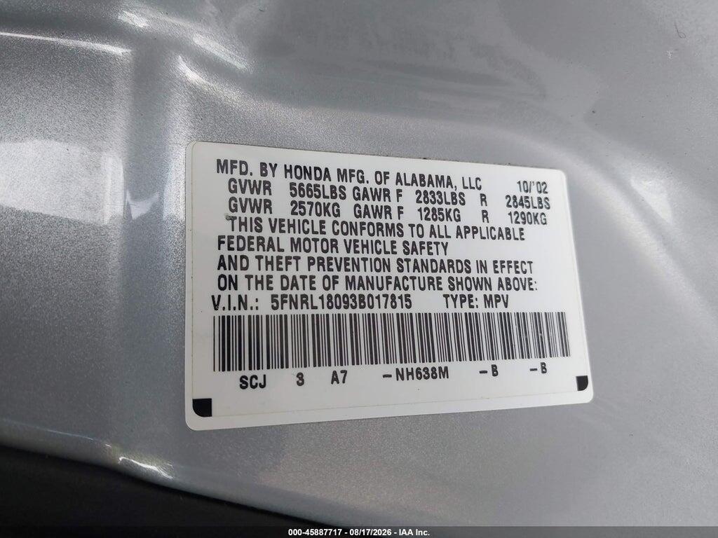 5FNRL18093B017815 2003 HONDA ODYSSEY photo no. 9