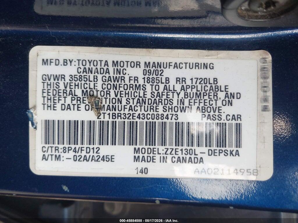 2T1BR32E43C088473 2003 TOYOTA COROLLA photo no. 9
