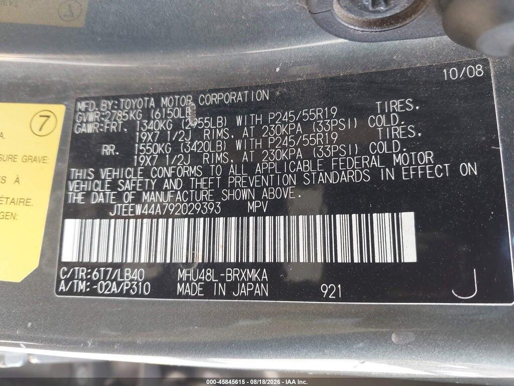 JTEEW44A792029393 2009 TOYOTA HIGHLANDER HYBRID photo no. 9