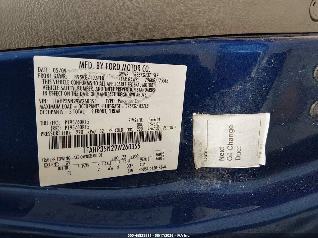 1FAHP35N29W260355 2009 FORD FOCUS photo no. 9