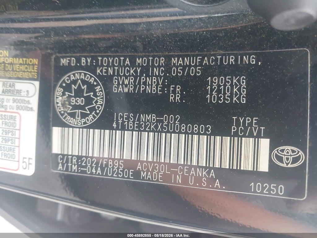 4T1BE32KX5U080803 2005 TOYOTA CAMRY photo no. 9