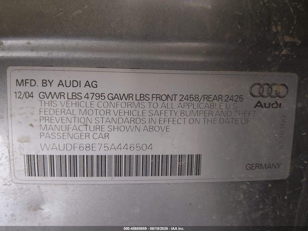 WAUDF68E75A446504 2005 AUDI A4 photo no. 9