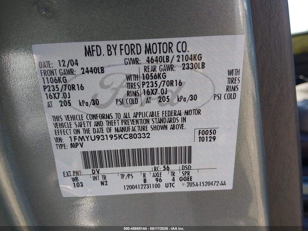 1FMYU93195KC80332 2005 FORD ESCAPE photo no. 9