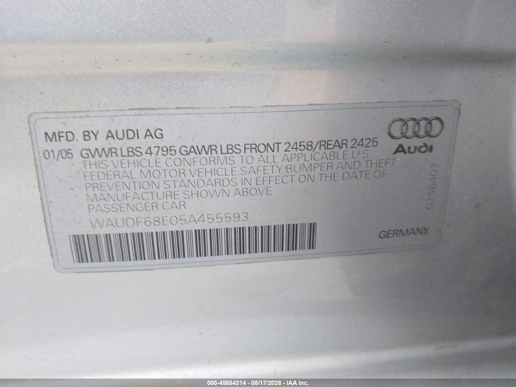 WAUDF68E05A455593 2005 AUDI A4 photo no. 9