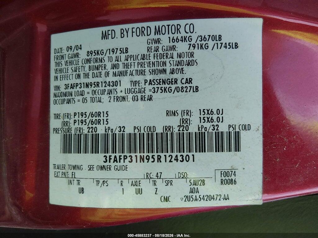 3FAFP31N95R124301 2005 FORD FOCUS photo no. 9