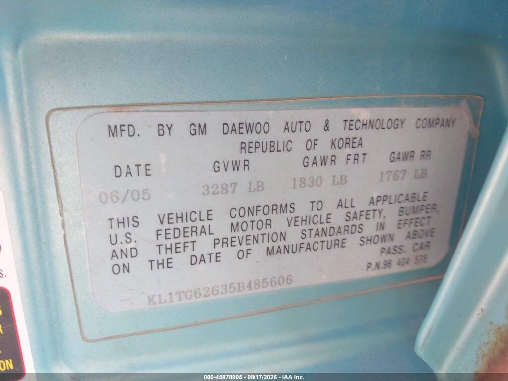 KL1TG62635B485606 2005 CHEVROLET AVEO photo no. 9