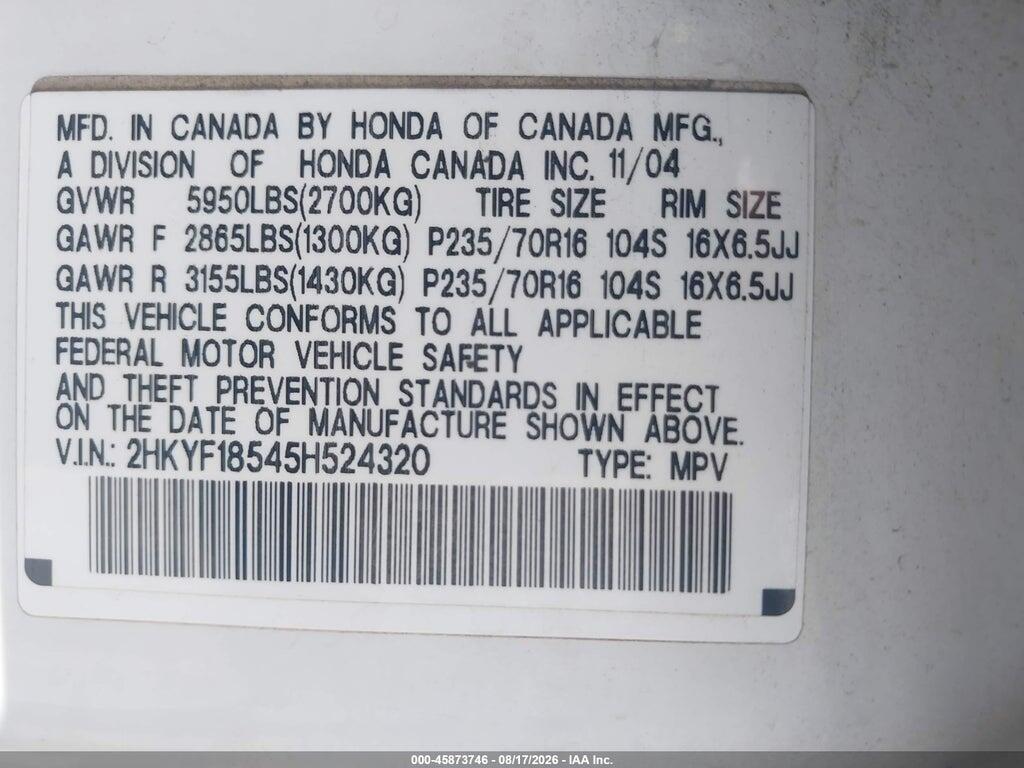 2HKYF18545H524320 2005 HONDA PILOT photo no. 9
