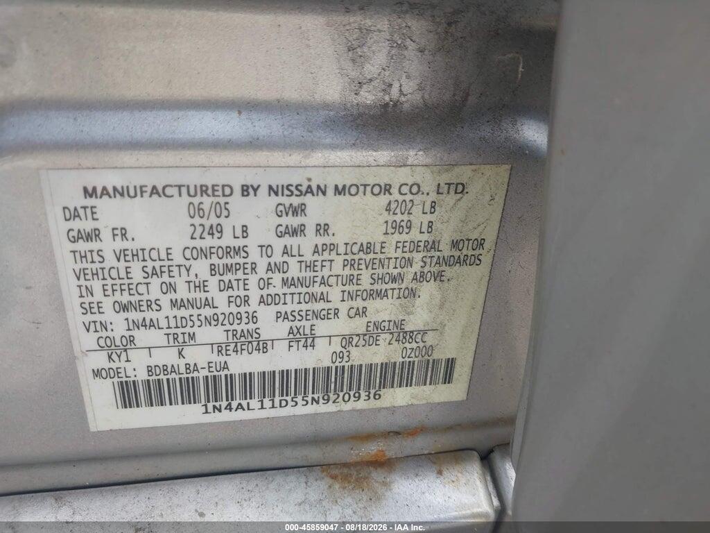 1N4AL11D55N920936 2005 NISSAN ALTIMA photo no. 9