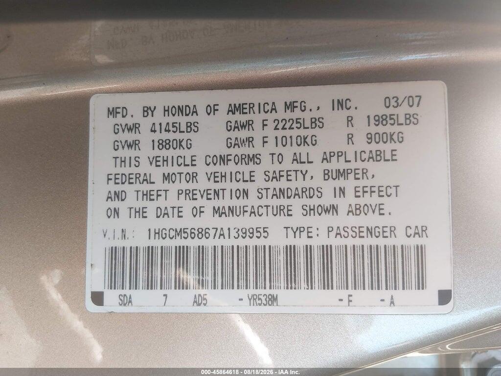 1HGCM56867A139955 2007 HONDA ACCORD photo no. 9