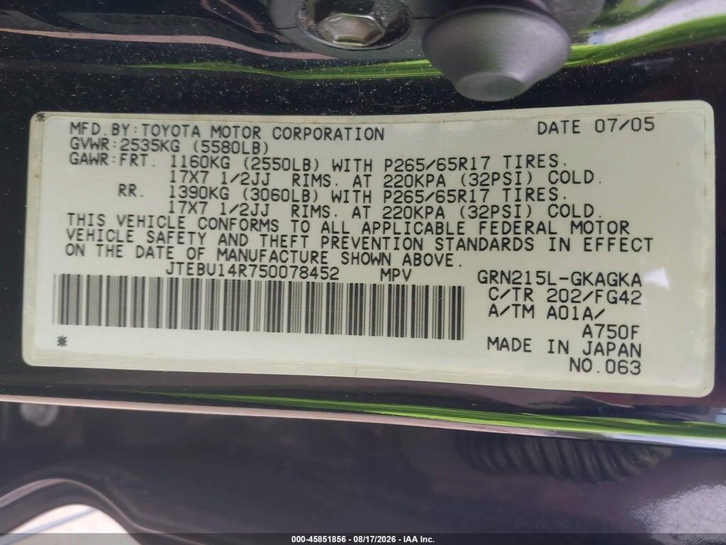 JTEBU14R750078452 2005 TOYOTA 4RUNNER photo no. 9