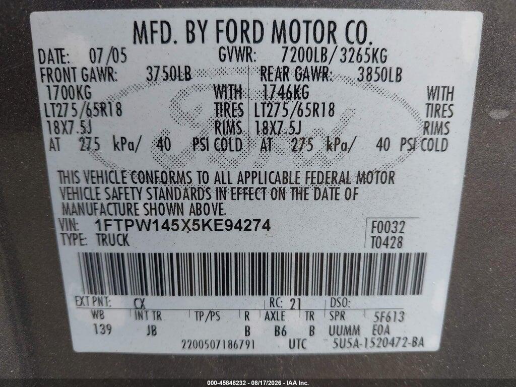 1FTPW145X5KE94274 2005 FORD F-150 photo no. 9