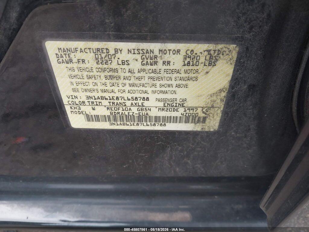 3N1AB61E87L658788 2007 NISSAN SENTRA photo no. 9