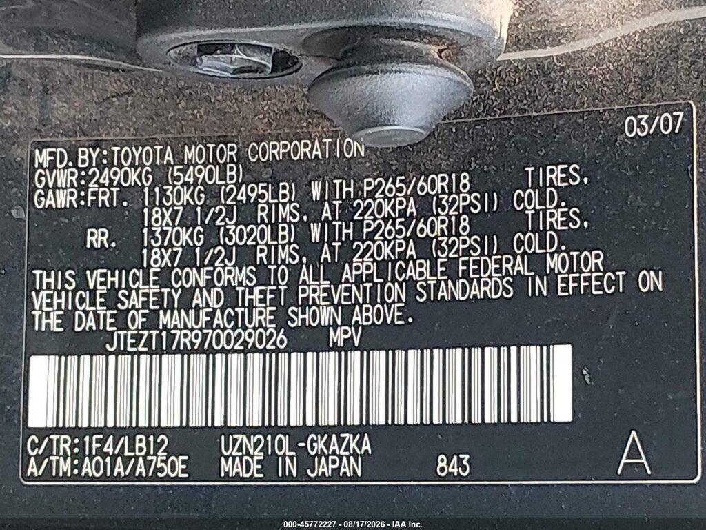 JTEZT17R970029026 2007 TOYOTA 4RUNNER photo no. 9