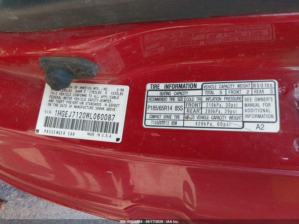 1HGEJ7120WL060087 1998 HONDA CIVIC photo no. 9