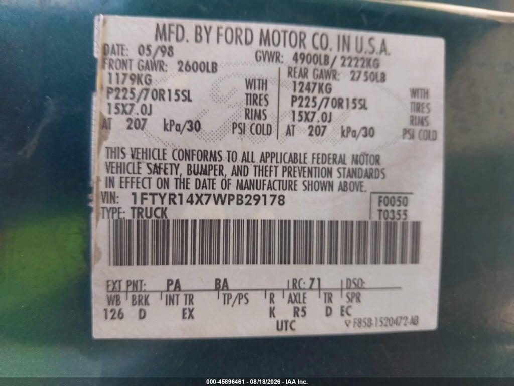 1FTYR14X7WPB29178 1998 FORD RANGER photo no. 9