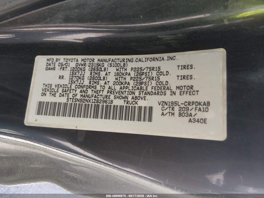 5TESN92NX1Z829618 2001 TOYOTA TACOMA photo no. 9