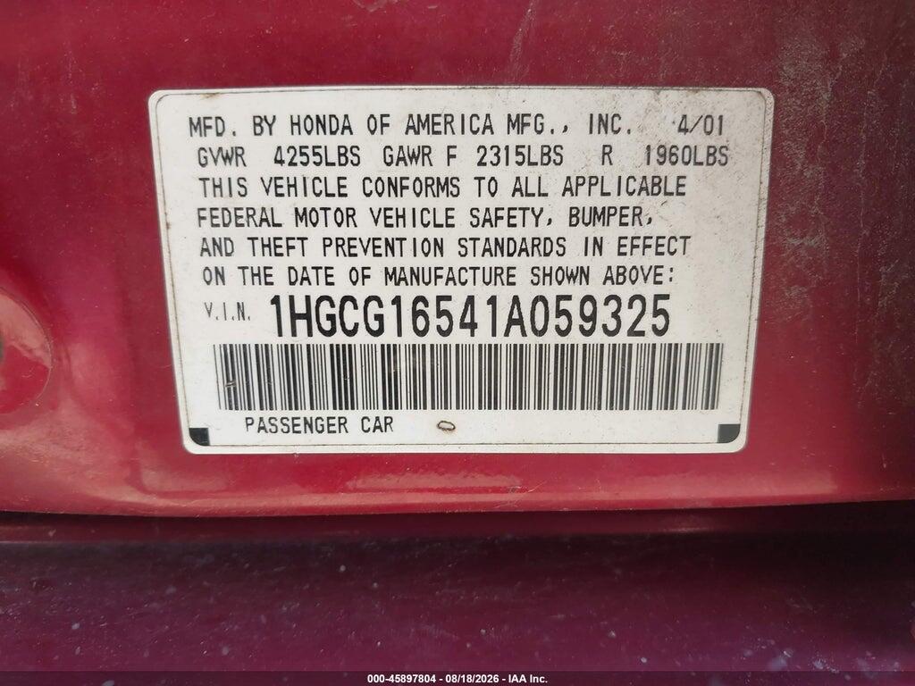 1HGCG16541A059325 2001 HONDA ACCORD photo no. 9