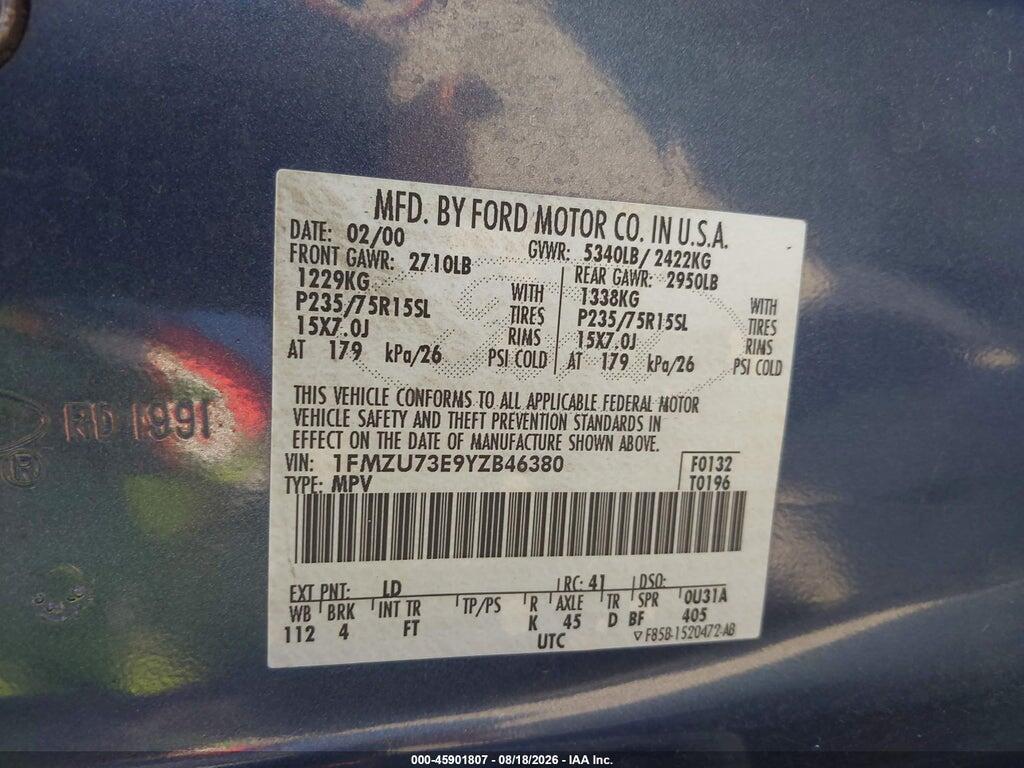 1FMZU73E9YZB46380 2000 FORD EXPLORER photo no. 9