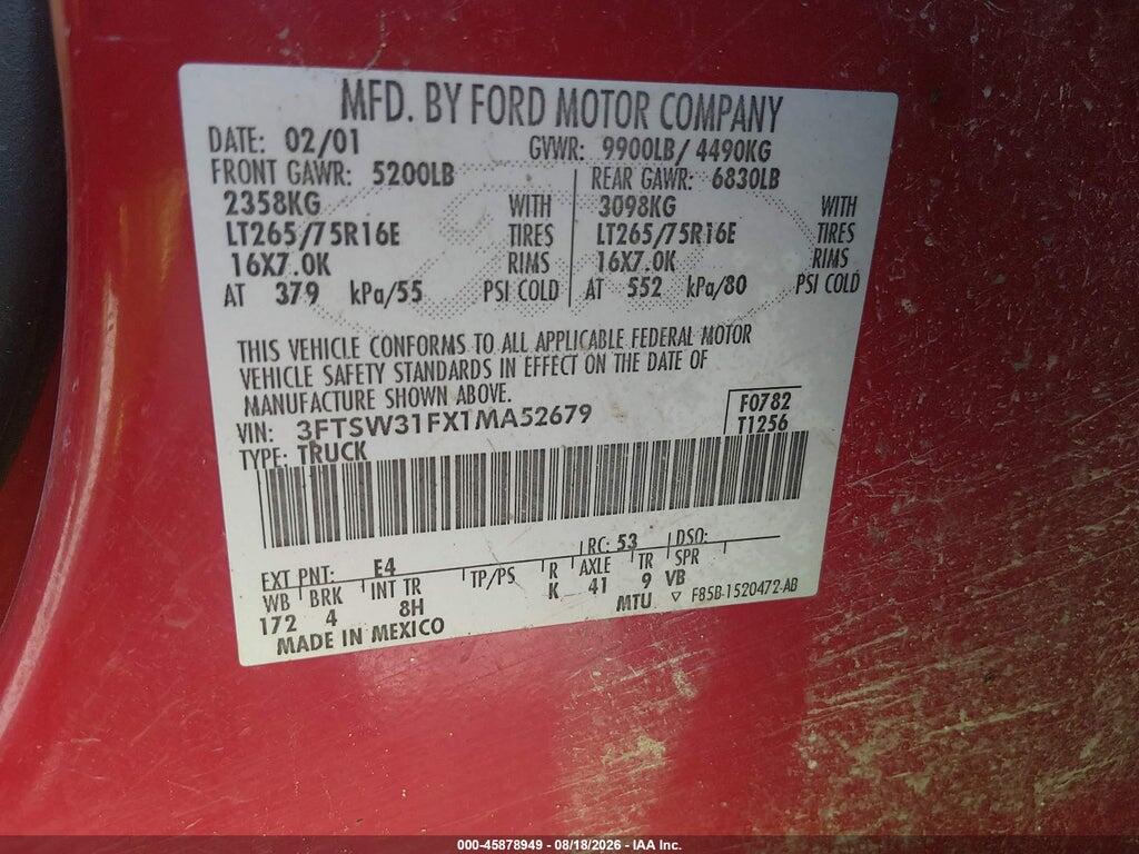 3FTSW31FX1MA52679 2001 FORD F-350 photo no. 9
